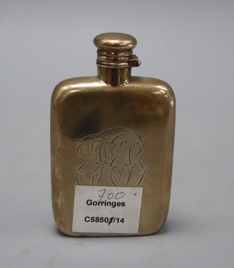 A sterling hip flask, with engraved monogram, 12.2cm, 3.5oz.